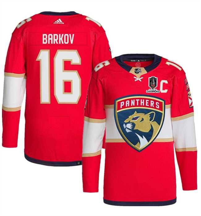 Mens Florida Panthers #16 Aleksander Barkov Red Home 2024 Stanley Cup Champions Stitched Jersey Dzhi